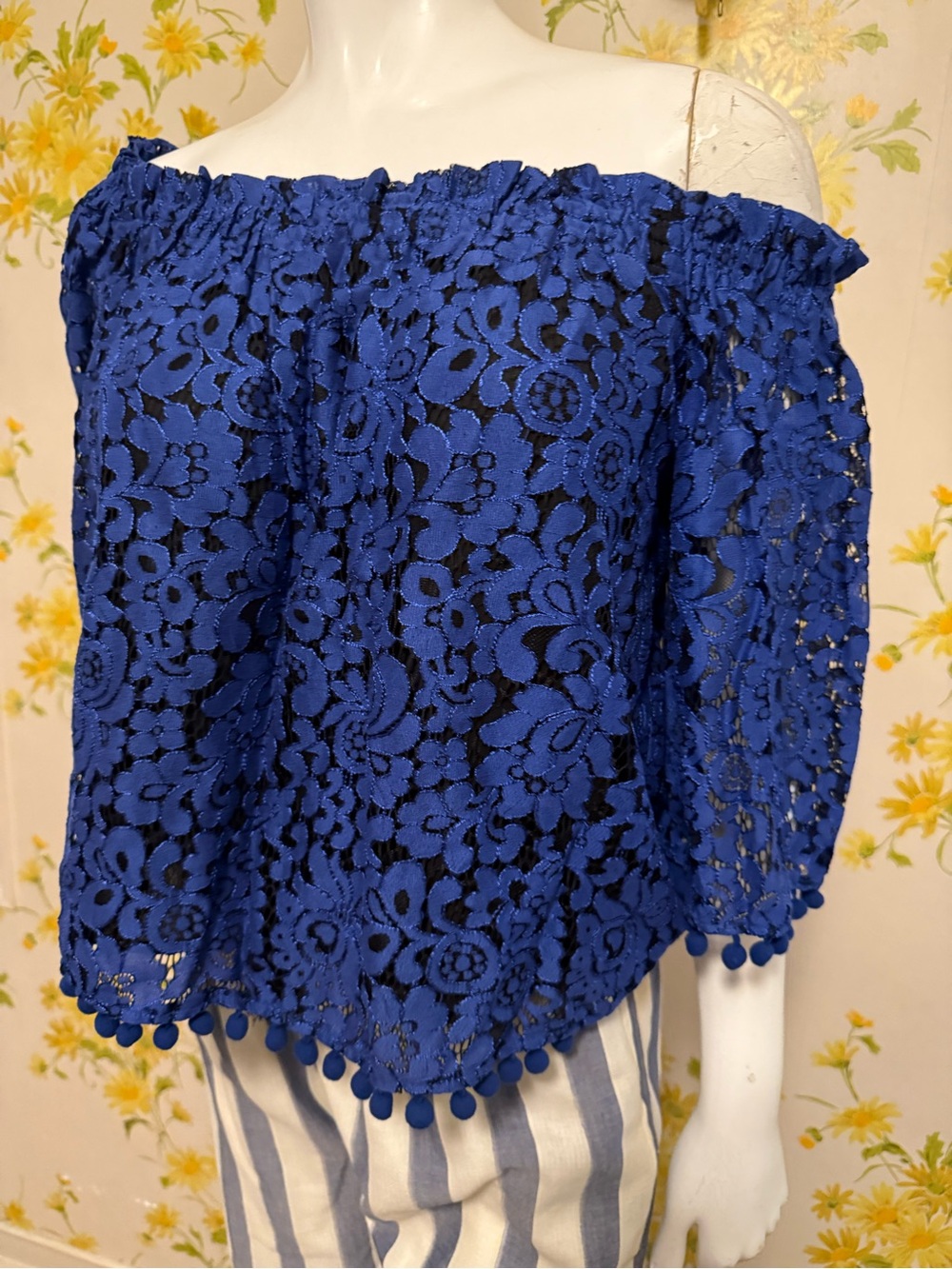 Ina Blue Lace Off-Shoulder Pom Pom Trim Top size M